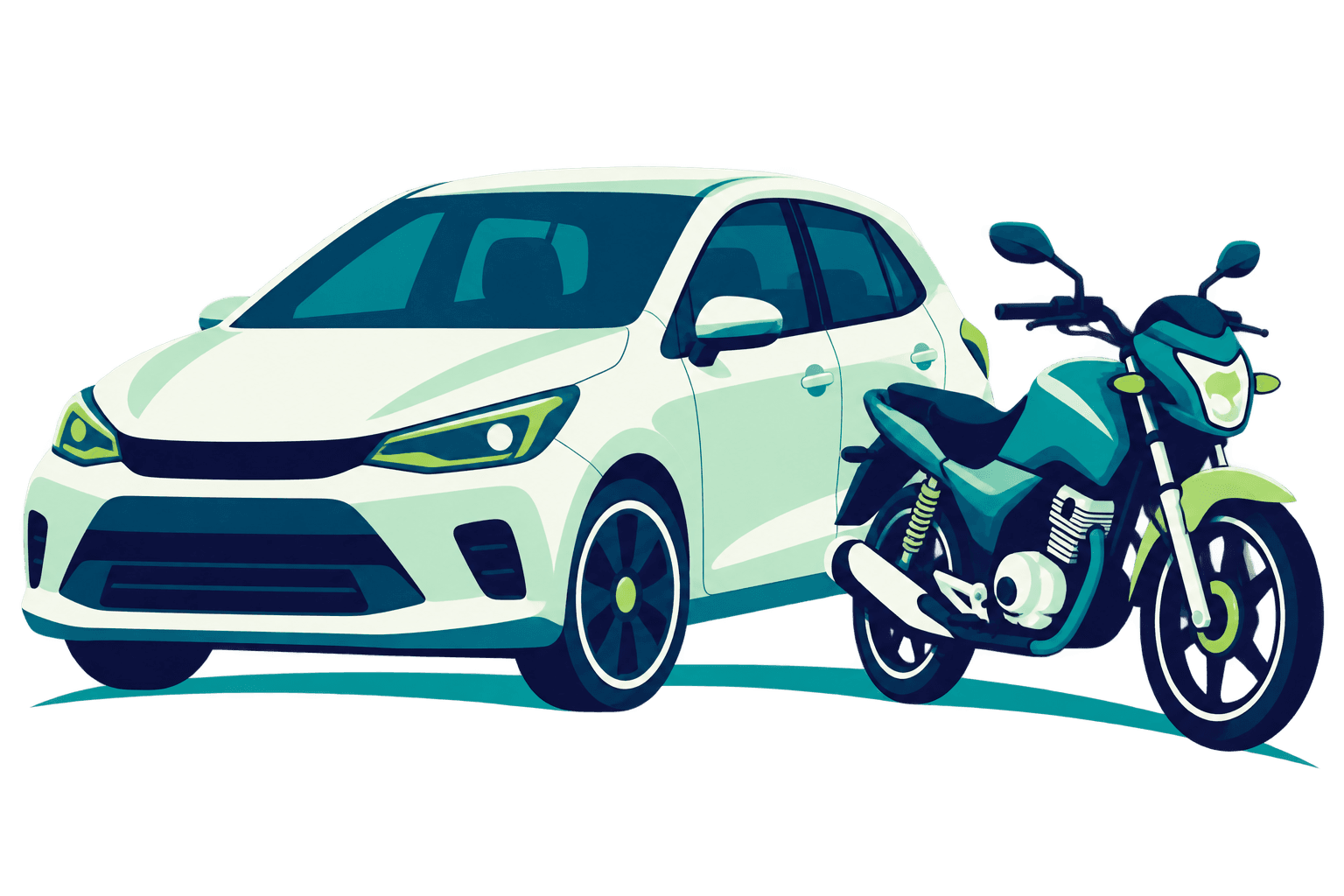 Ilustração de um carro compacto branco e uma moto verde-petróleo sobre um trajeto, nas cores do Locadrive.